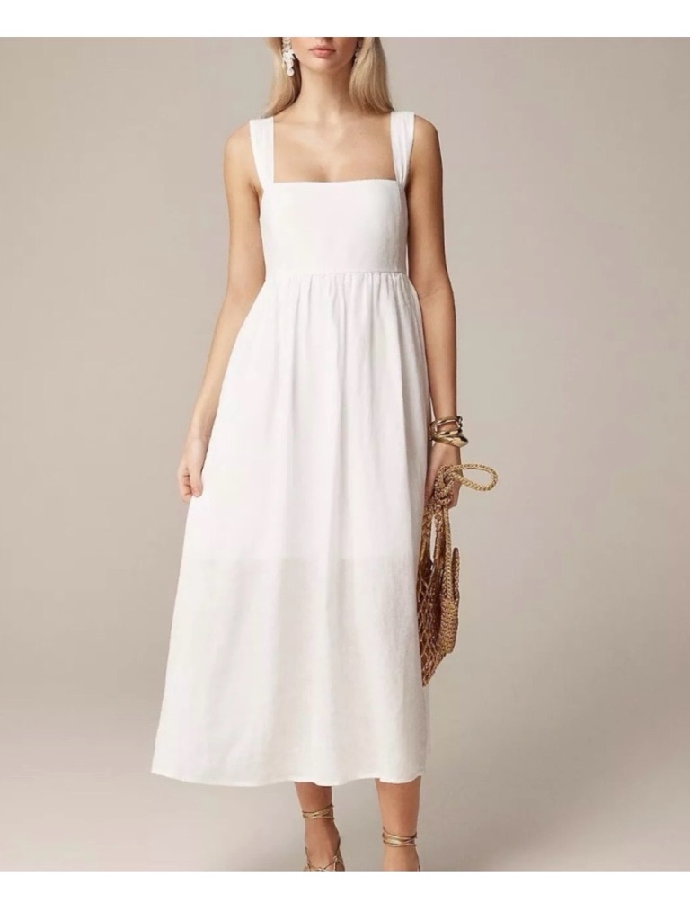 Bnwt Jcrew White Square-Neck Sleeveless Linen Midi Dress